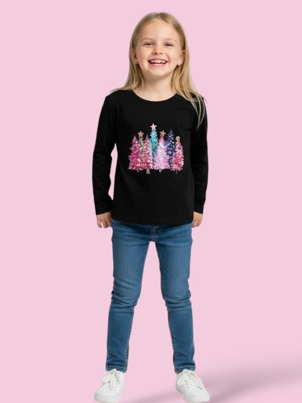 🎄Black Long Sleeve Kids Tee with Pink & Teal Tree Graphic